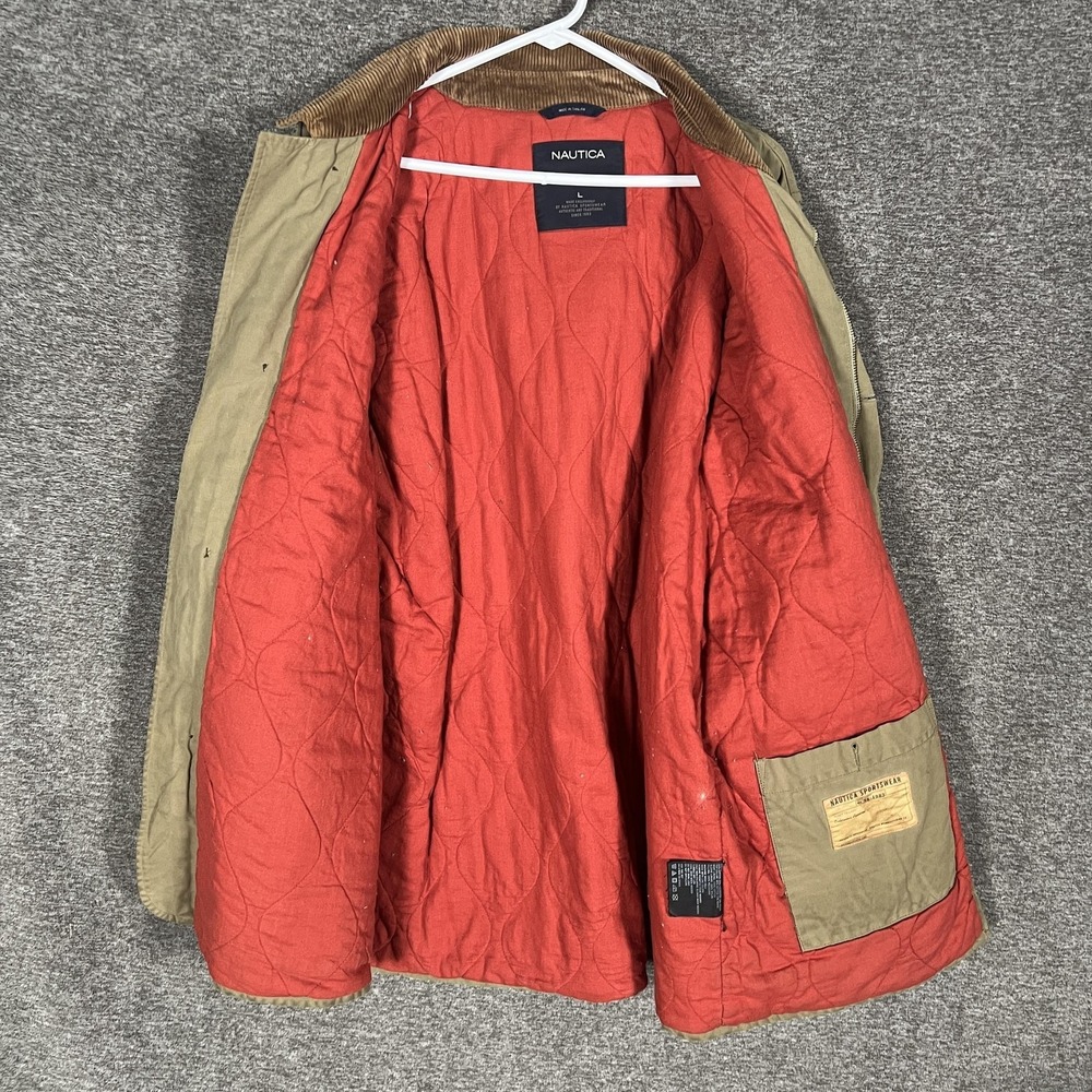 Nautica Jacket Mens Large Green Canvas Quilted Barn Corduroy Chore Field Coat - Picture 2 of 13